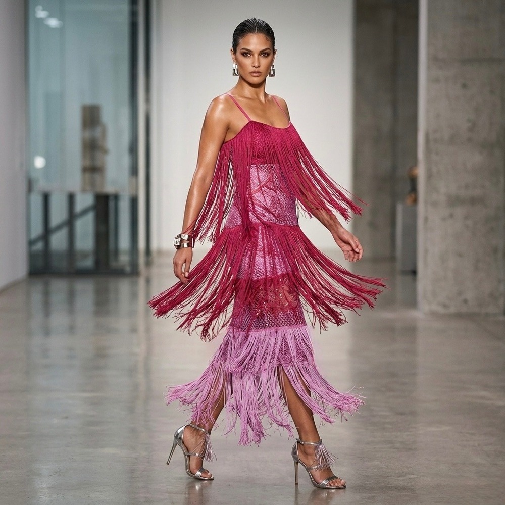 Anthropologie Letuebe Tiered Fringe Ombre Midi Dress Pink‎ Rose XSP Petite NEW